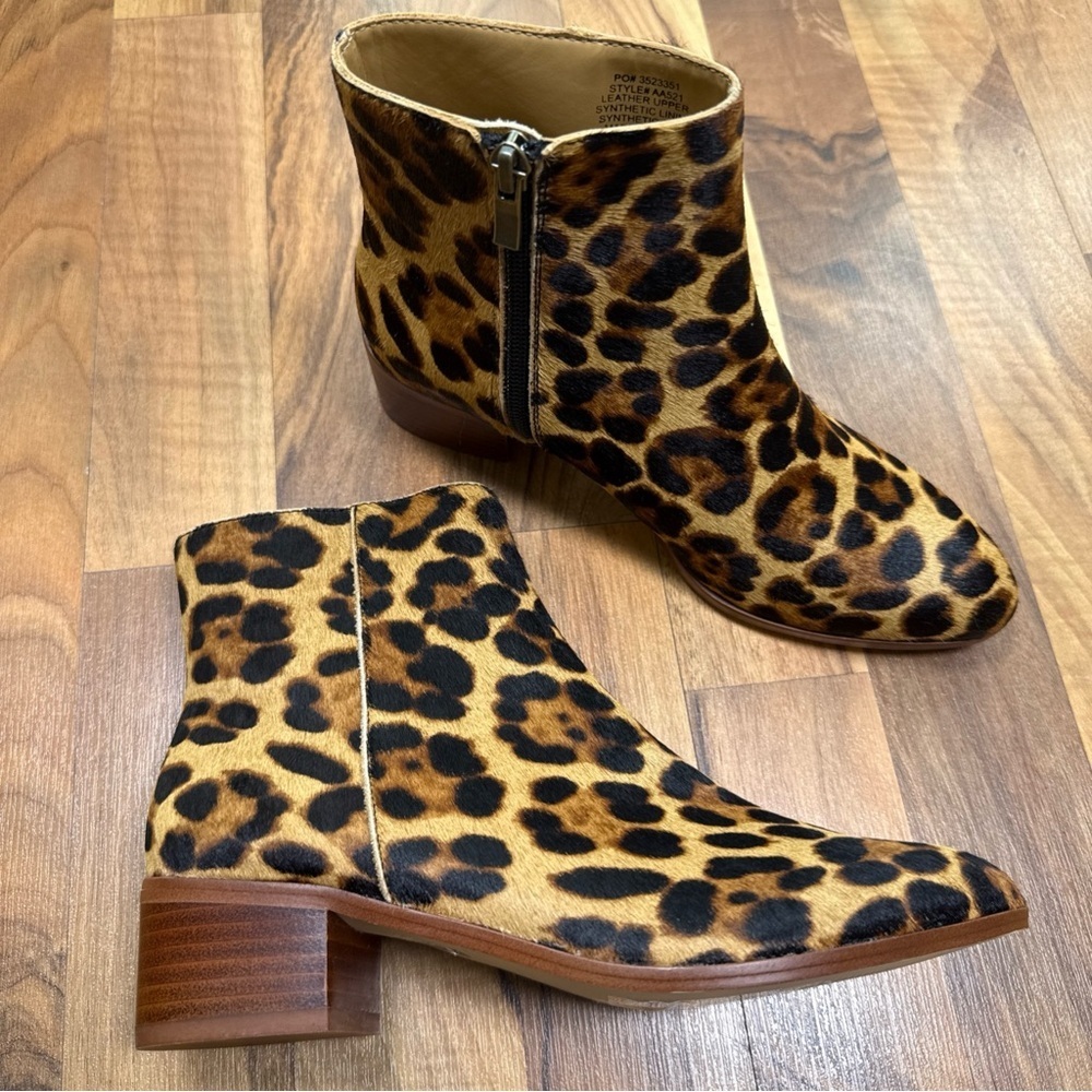 J.Crew Walker Calf Hair Ankle Boots Leopard Print Size 6 Zipper Closure Casual